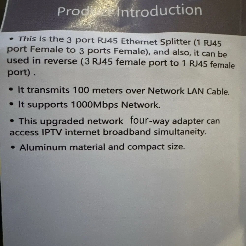 NEW 1000Mbps 1x3 RJ45 Ethernet Splitter 3 port